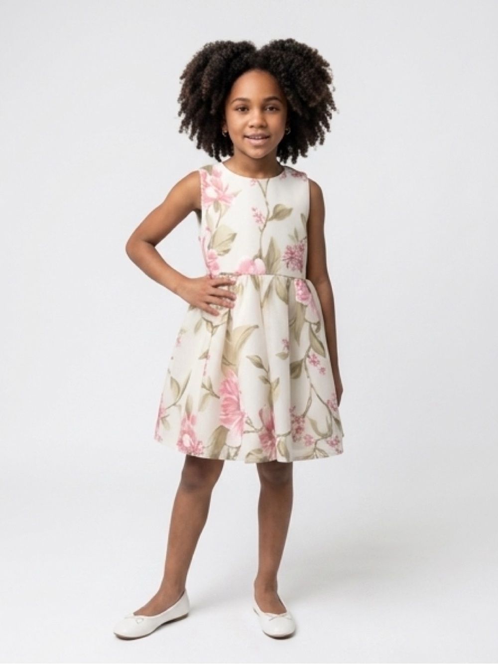 JJs House Cream Floral Sleeveless Dress with Pink Blooms